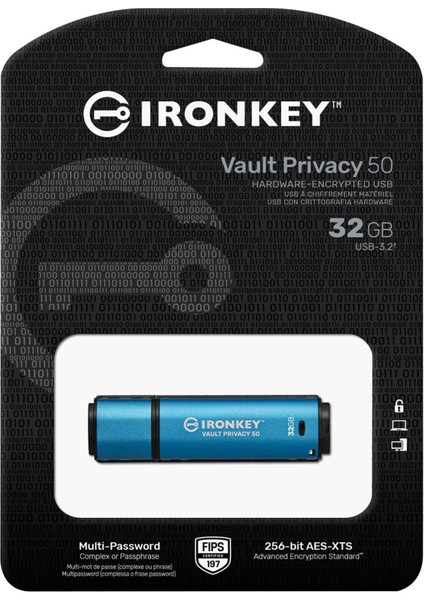 Kıngston Ironkey Vault Prıvacy 50 AES-256 32GB IKVP50/32GB Şifreli USB 3.2 Gen1 Flash Bellek