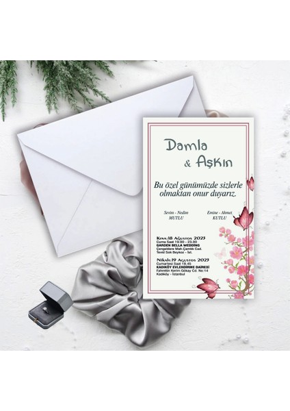 Beyaz Zarflı Davetiye Düğün - Nişan - Kına - Nikah (100 Adet)