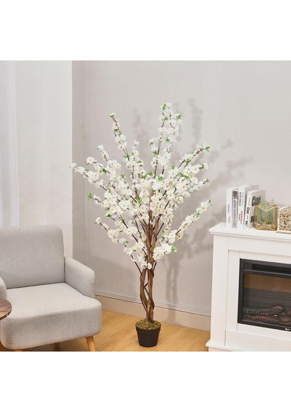 Yapay Ağaç Lüx Bahardalı Ağacı Beyaz Japon Kiraz Çiçeği Sakura Çiçeği 150X70CM Siyah Plastik Saksılı