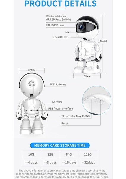 1080P Astronot Robot Görünümlü Intercomlu Wifi Ip Güvenlik Kamerası Kablosuz Gece Görüşlü