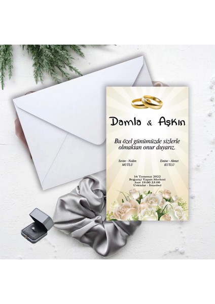 Beyaz Zarflı Davetiye Düğün - Nişan - Kına - Nikah (100 Adet)