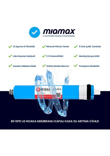 H-Max Miamax 12 Aşama 9 Litre Çelik Tanklı Mineralli Su Arıtma Cihazı