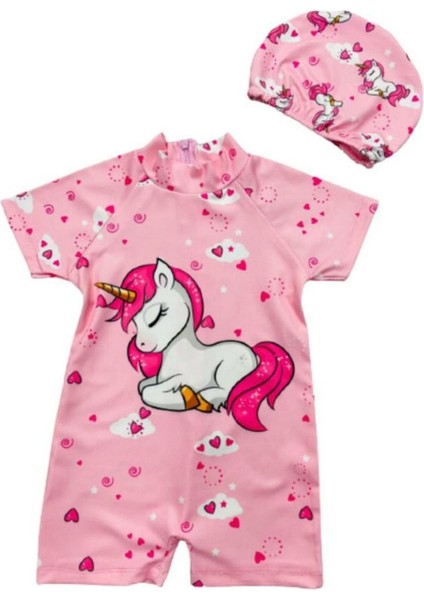 Kız Çocuk Uykucu Unicorn Hassas Ten Tam Vücut Mayo ve Bone - Surfers Güneş Korumalı