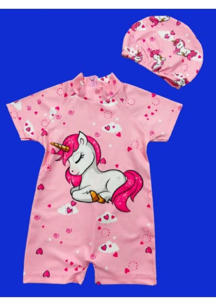 Kız Çocuk Uykucu Unicorn Hassas Ten Tam Vücut Mayo ve Bone - Surfers Güneş Korumalı
