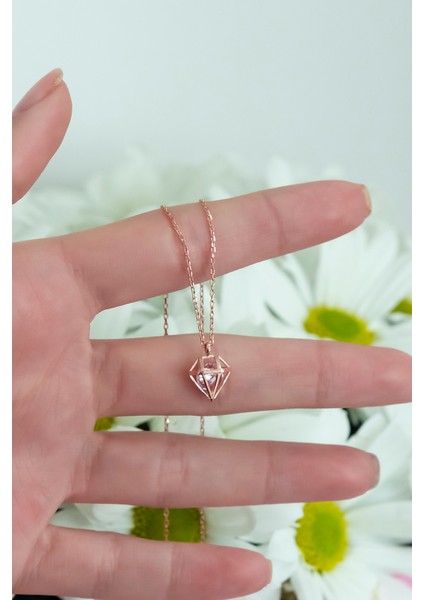 925 Ayar Şık Tasarım Pembe Taşlı Kolye Kadın Gümüş Kolye