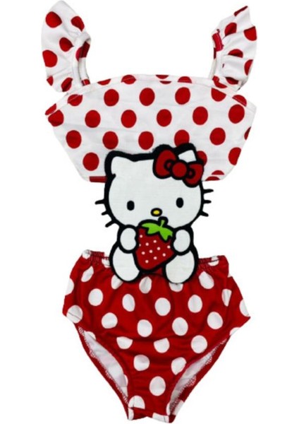 Kız Çocuk Çilekli Hello Kity Temalı Puantiyeli Kırmızı Renk Kol Fırfırlı - Son Sezon Kostüm Mayo