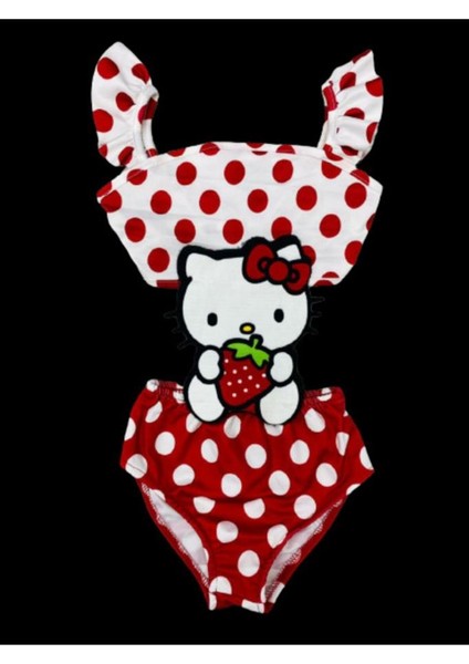 Kız Çocuk Çilekli Hello Kity Temalı Puantiyeli Kırmızı Renk Kol Fırfırlı - Son Sezon Kostüm Mayo fiyatları