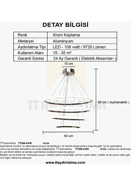 TT Aydınlatma TT300-4 Kr Tt Aydınlatma Halka 4 Lü Krom Kaplama LED Avize