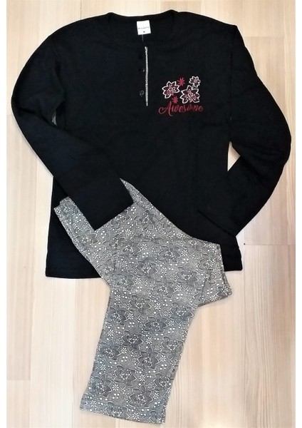 Pamuklu Uzun Kol Kadın Pijama Takımı Siyah