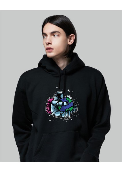 Hugging Astronaut Siyah Kapüşonlu Sweatshirt
