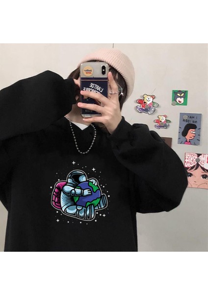 Hugging Astronaut Siyah Kapüşonlu Sweatshirt