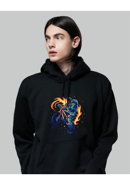 Biker Astronaut Siyah Kapüşonlu Sweatshirt