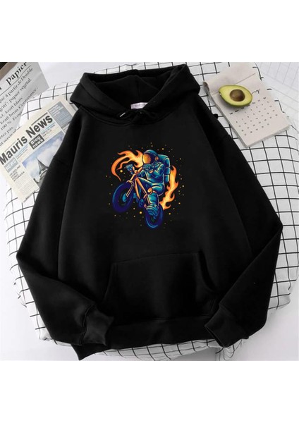 Biker Astronaut Siyah Kapüşonlu Sweatshirt