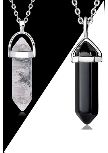 Sertifikalı Kristal Kuvars-Obsidyen Doğal Taş Çivi Çift Sevgili Kolyeleri
