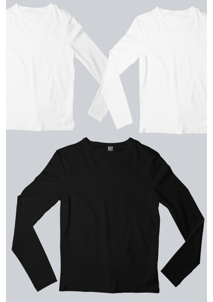 Düz 2 Beyaz, 1 Siyah Uzun Kollu Erkek T-Shirt 3'Lü Eko Paket