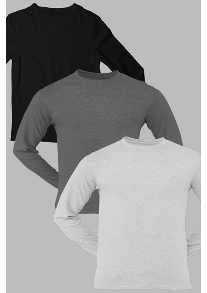 Düz Siyah, Antrasit, Gri Uzun Kollu Erkek T-Shirt 3'Lü Eko Paket