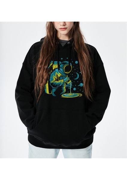 Camper Astronaut Siyah Kapüşonlu Oversize Sweatshirt Hoodie
