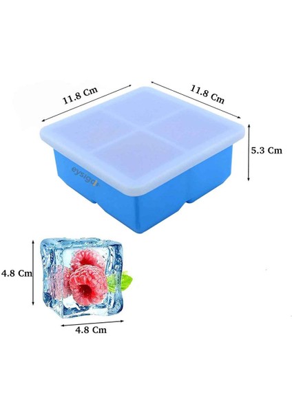 Iles Gurme Silikon Büyük Boy 4'lü Küp Buzluk Buz Kalıbı, Kapaklı, Mavi