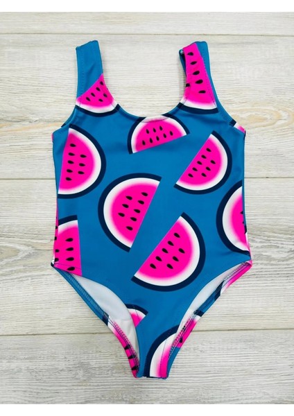 Kız Çocuk Karpuz Desen Fuşya Mavi Askılı Mayo Yeni Sezon