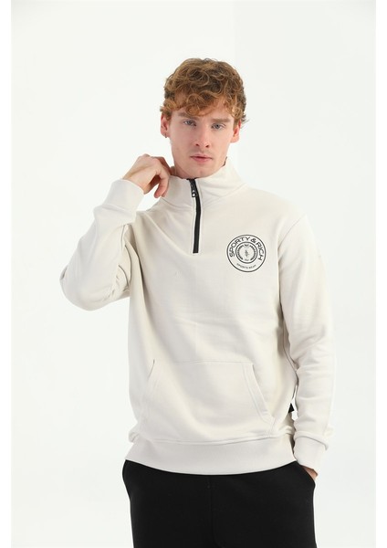 Erkek Baskılı Fermuarlı Ekru Sweatshirt MC5715