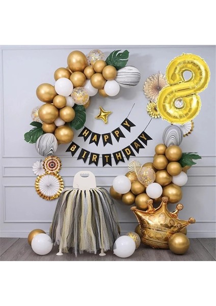 Kral Taçlı Gold Zincir Balon Doğum Günü Seti 8 Yaş