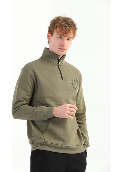 Erkek Baskılı Fermuarlı Haki Sweatshirt MC5715