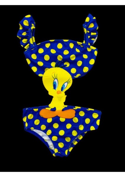 Kız Çocuk Mayokini Tweety Temalı Puantiyeli Lacivert Sarı Kol Fırfırlı - Son Sezon Kostüm Mayo 2022