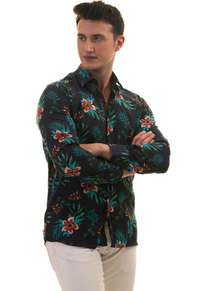 Lacivert Üzeri Bordo Çiçek Yeşil Yaprak Baskılı Tasarım Slim Fit Gömlek