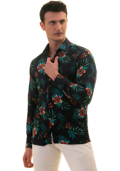 Lacivert Üzeri Bordo Çiçek Yeşil Yaprak Baskılı Tasarım Slim Fit Gömlek modelleri