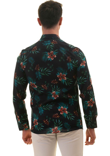 Lacivert Üzeri Bordo Çiçek Yeşil Yaprak Baskılı Tasarım Slim Fit Gömlek fırsatları