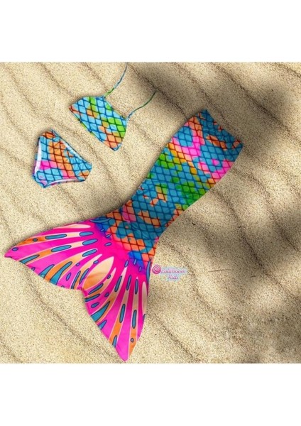 Kız Çocuk Deniz Kızı Kostüm Bikini - Mayo Efsane Little Mermaid Çok Renk Geçişli Balıksırtı