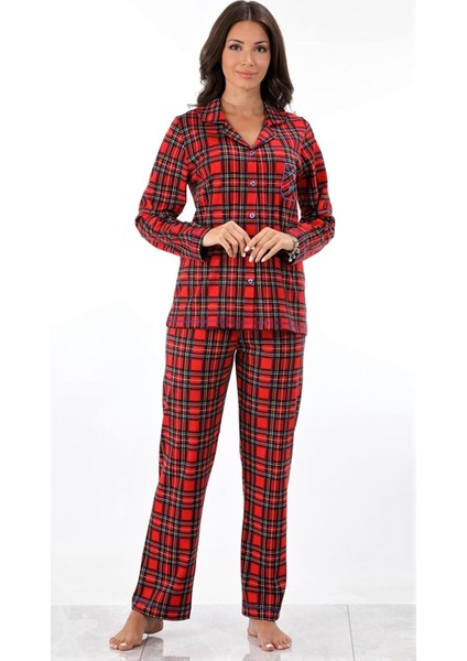 Ekoseli Önden Düğmeli Kadın Pijama Takımı Kırmızı