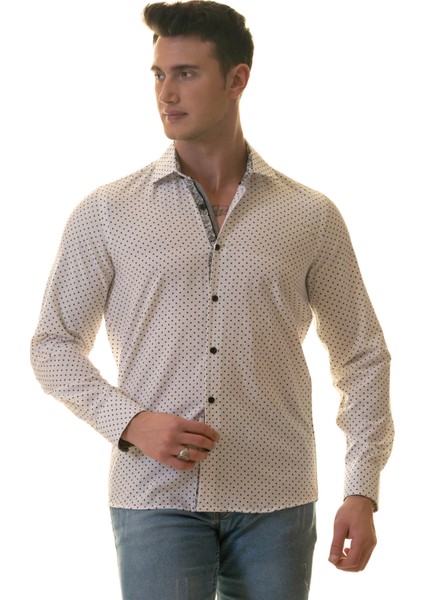 Beyaz Üzeri Siyah Puantiyeli Yaka ve Manşet Içi Detaylı Slim Fit Gömlek