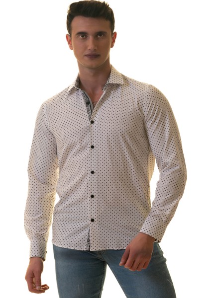 Beyaz Üzeri Siyah Puantiyeli Yaka ve Manşet Içi Detaylı Slim Fit Gömlek fiyatları