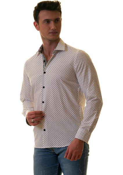 Beyaz Üzeri Siyah Puantiyeli Yaka ve Manşet Içi Detaylı Slim Fit Gömlek modelleri