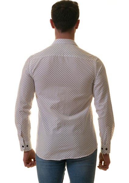 Beyaz Üzeri Siyah Puantiyeli Yaka ve Manşet Içi Detaylı Slim Fit Gömlek fırsatları