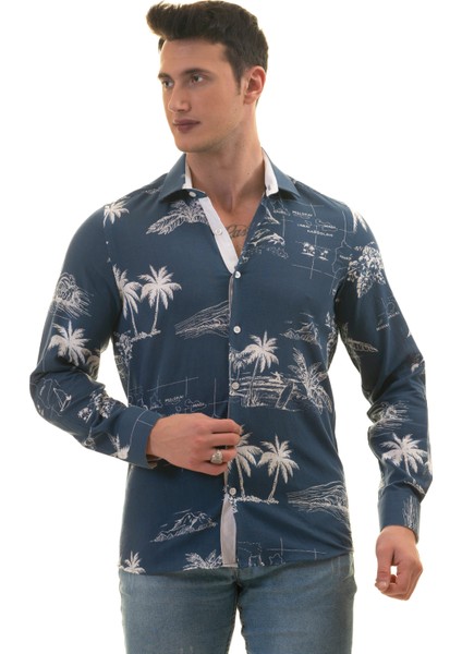 Indigo Mavi Hawaii Desen Baskılı Nefes Alan Slim Fit Gömlek