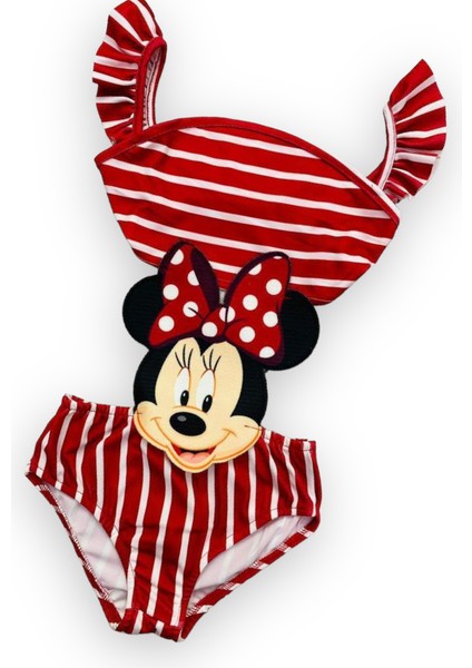 Kız Çocuk Mayokini Mickey Minnie Temalı Kırmızı Renk Kol Fırfırlı - Son Sezon Kostüm Mayo 2022