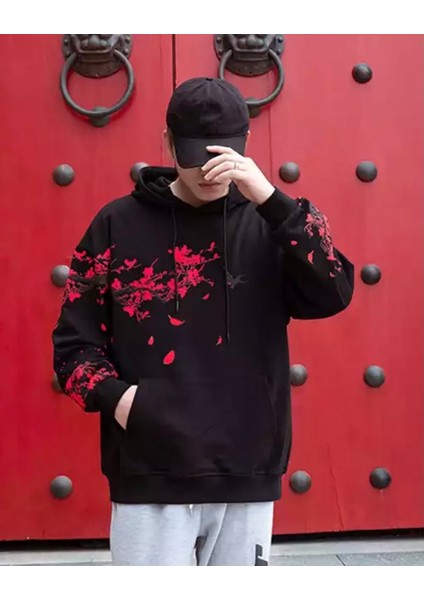 Büyük Beden Kapüşonlu Japon Kiraz Çiçeği Baskılı Özel Tasarım Tam Kışlık Oversize Erkek Sweatshirt fiyatları