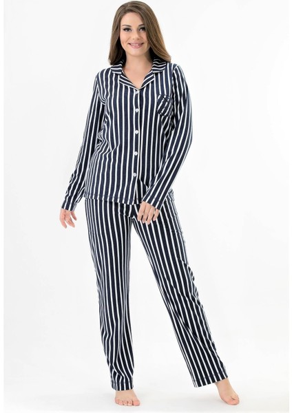 Önden Düğmeli Soft Kadın Pijama Takımı Mavi