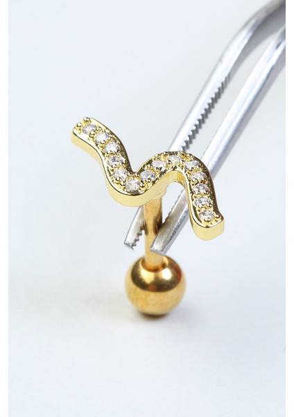 S Model Taşlı Toplu Labret Gold Piercing