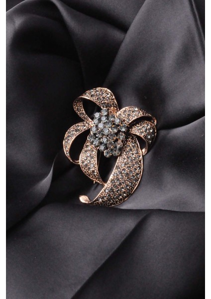 Broş Çiçekli Otantık Desenli Bronz Kristal Taşli