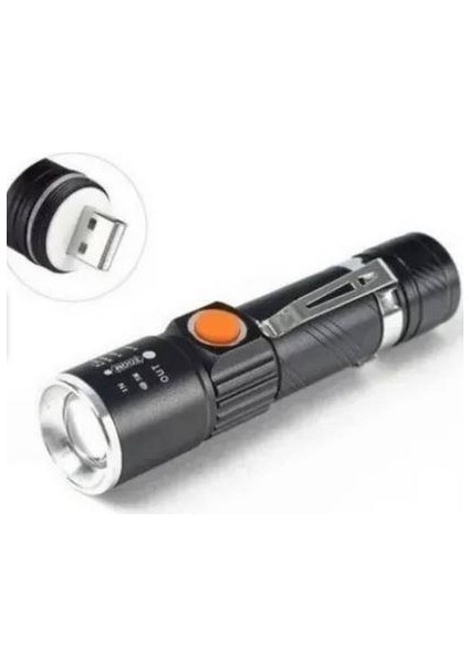 Mini Fener Dahili Batarya Kendinden USB Şarj Soketli T6 LED Zoom