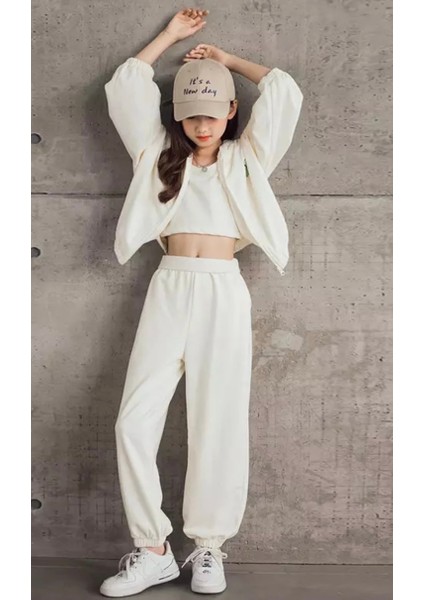 Özel Tasarım Kapüşonlu Anime Baskılı 3 Iplik Tam Kışlık Modern Kız Çocuk Eşofman Takımı