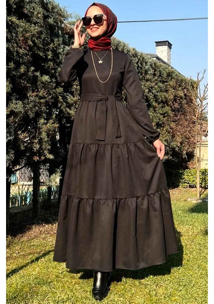 Rabia Şamlı Siyah Gabardin Elbise