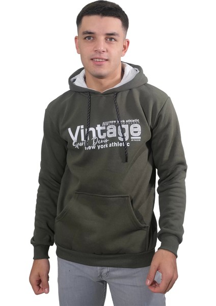 Erkek Vintage Haki Kapüşonlu SWEATSHIRT-219