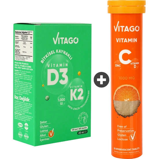 2’li Paket – Vitago Provitamin D3, Vitamin K2, 20 ml Sprey + Vitago Vitamin C 20 Efervesan Tablet