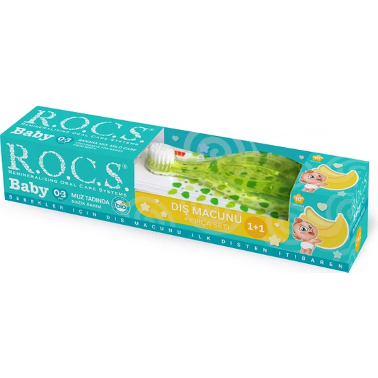 R.o.c.s. Rocs Baby 0-3 Yaş Muz Püresi Tadında Diş Macunu 45G + Diş Fırçası Seti Yeşil