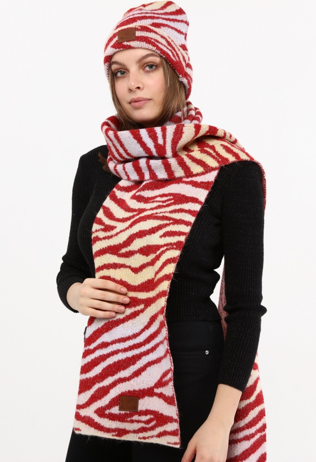 Marilavande Kırmızı Sim Geçişli Zebra Desen Atkı & Bere Takımı