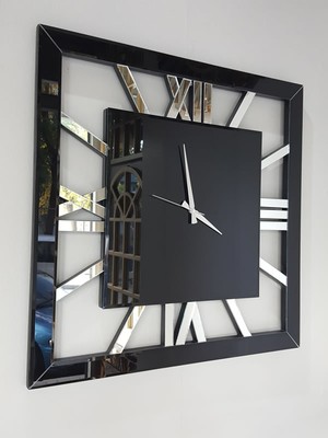 Ayna Denizi Square Silver Black Model Gümüş Siyah Renk 70 Cm x 70 Cm Dekoratif Aynalı Duvar Saati